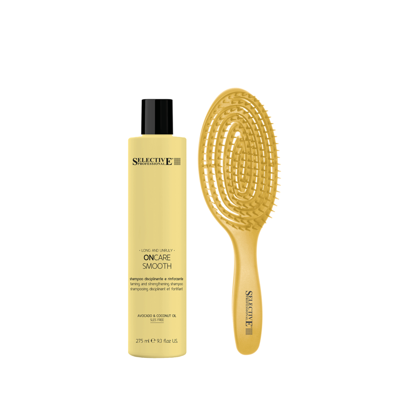 WE CARE SMOOTH rinkinys: glotninamasis šampūnas (275 ml) + plaukų šepetys