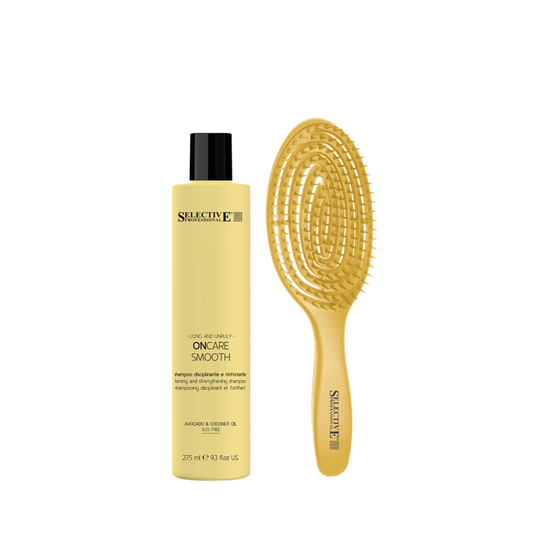 WE CARE SMOOTH rinkinys: glotninamasis šampūnas (275 ml) + plaukų šepetys