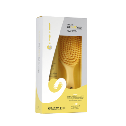 WE CARE SMOOTH rinkinys: glotninamasis šampūnas (275 ml) + plaukų šepetys