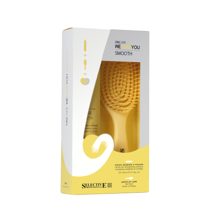 WE CARE SMOOTH rinkinys: glotninamasis šampūnas (275 ml) + plaukų šepetys